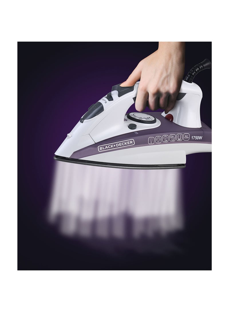 Steam Iron - Ceramic Coated Soleplate with Anti Calc Drip Self Clean and Auto Shutoff  - Removes Stubborn Creases Quickly Easily 220 ml 1750 W X1750-B5 White/Purple