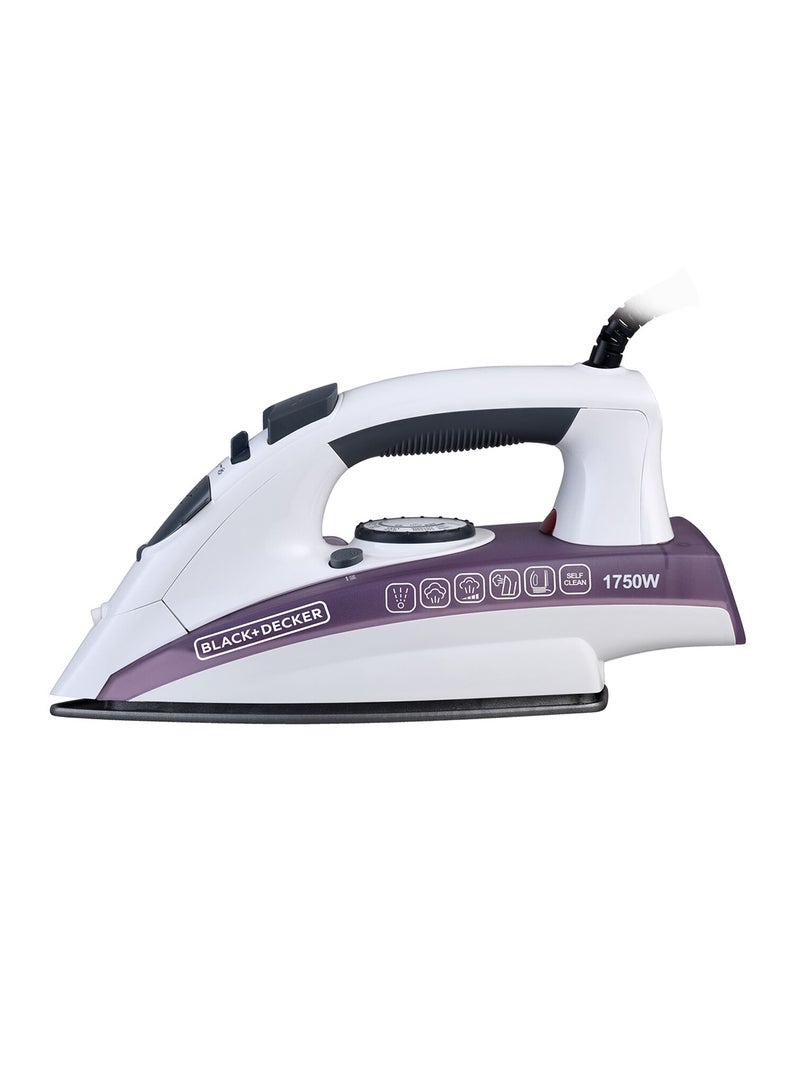 Steam Iron - Ceramic Coated Soleplate with Anti Calc Drip Self Clean and Auto Shutoff  - Removes Stubborn Creases Quickly Easily 220 ml 1750 W X1750-B5 White/Purple