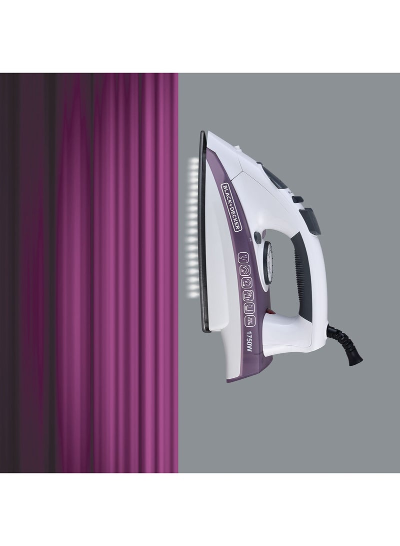 Steam Iron - Ceramic Coated Soleplate with Anti Calc Drip Self Clean and Auto Shutoff  - Removes Stubborn Creases Quickly Easily 220 ml 1750 W X1750-B5 White/Purple