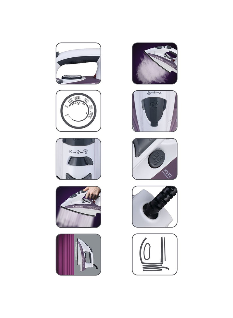 Steam Iron - Ceramic Coated Soleplate with Anti Calc Drip Self Clean and Auto Shutoff  - Removes Stubborn Creases Quickly Easily 220 ml 1750 W X1750-B5 White/Purple