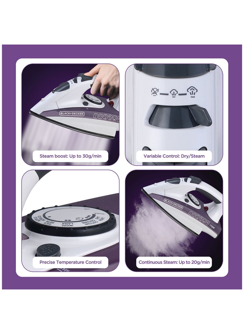 Steam Iron - Ceramic Coated Soleplate with Anti Calc Drip Self Clean and Auto Shutoff  - Removes Stubborn Creases Quickly Easily 220 ml 1750 W X1750-B5 White/Purple