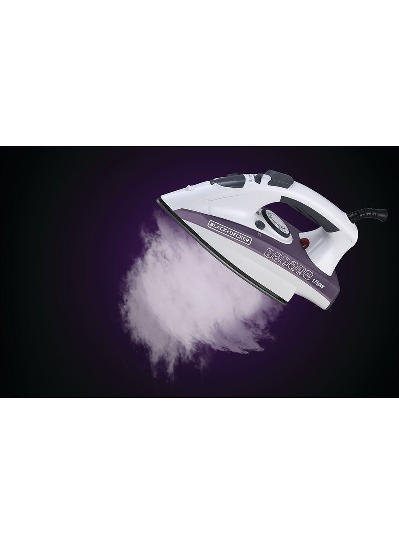 Steam Iron - Ceramic Coated Soleplate with Anti Calc Drip Self Clean and Auto Shutoff  - Removes Stubborn Creases Quickly Easily 220 ml 1750 W X1750-B5 White/Purple