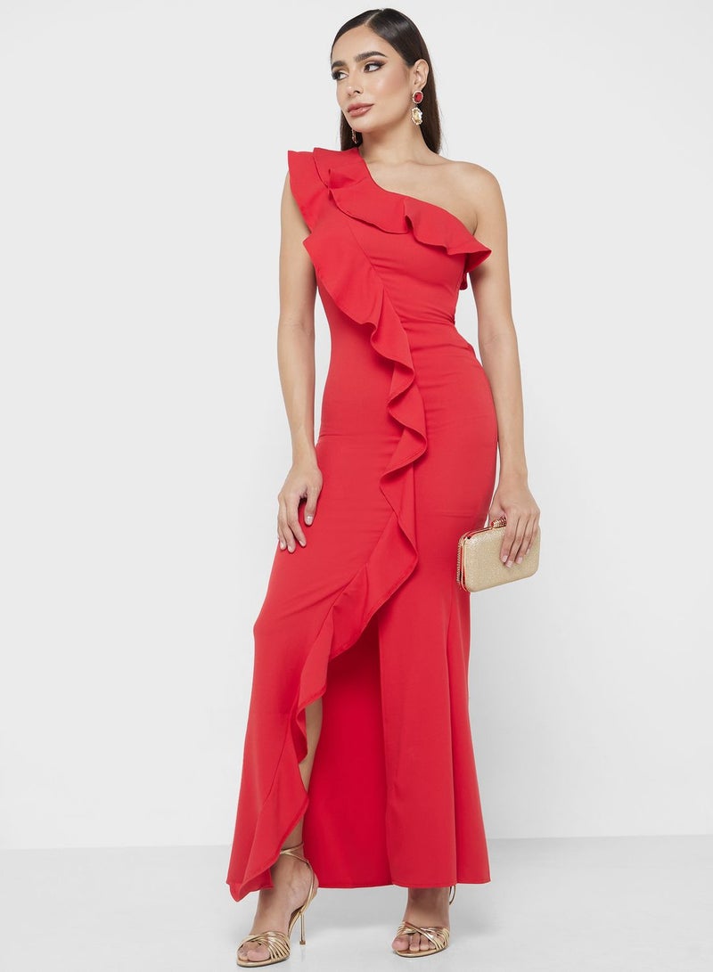 One Shoulder Ruffle Detail Dress