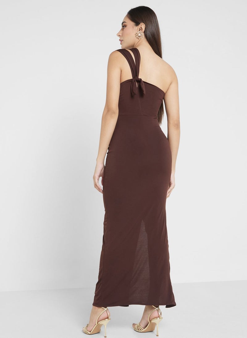 One Shoulder Ruched Dress With Slit