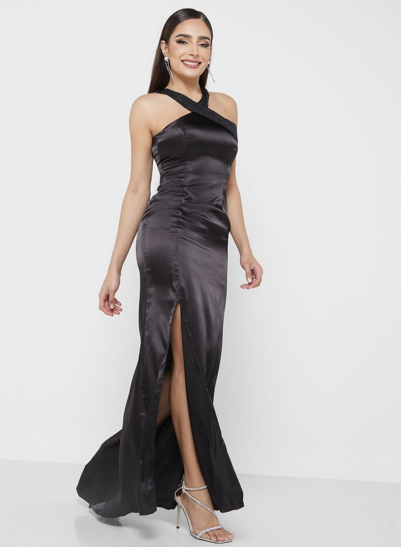 Halter Neck Long Slit Dress