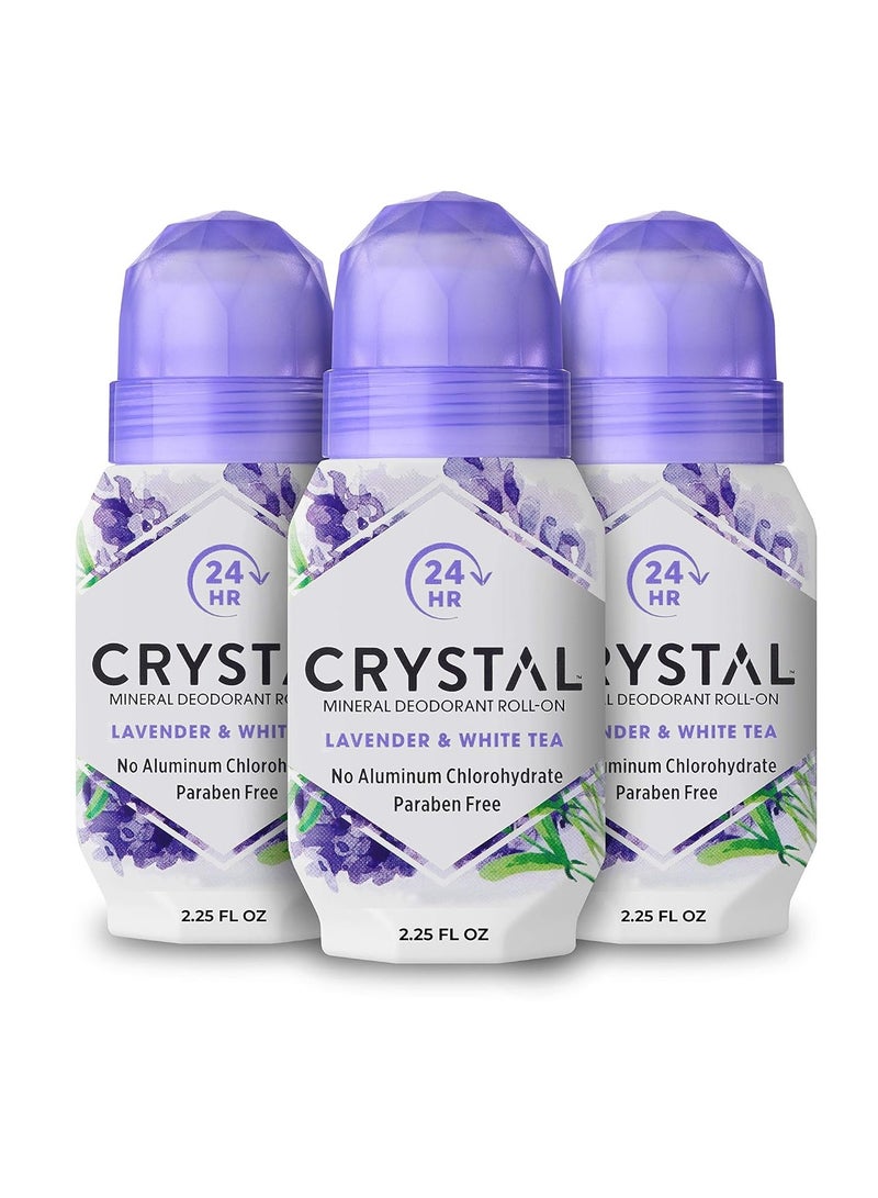 CRYSTAL Aluminum Free Mineral Deodorant Roll-On for Women & Men, Lavender & White Tea - Paraben Free - Certified Cruelty Free & Vegan Deodorant - Prevents Odor Up to 24 Hours,2.25 Fl Oz (Pack of 3)