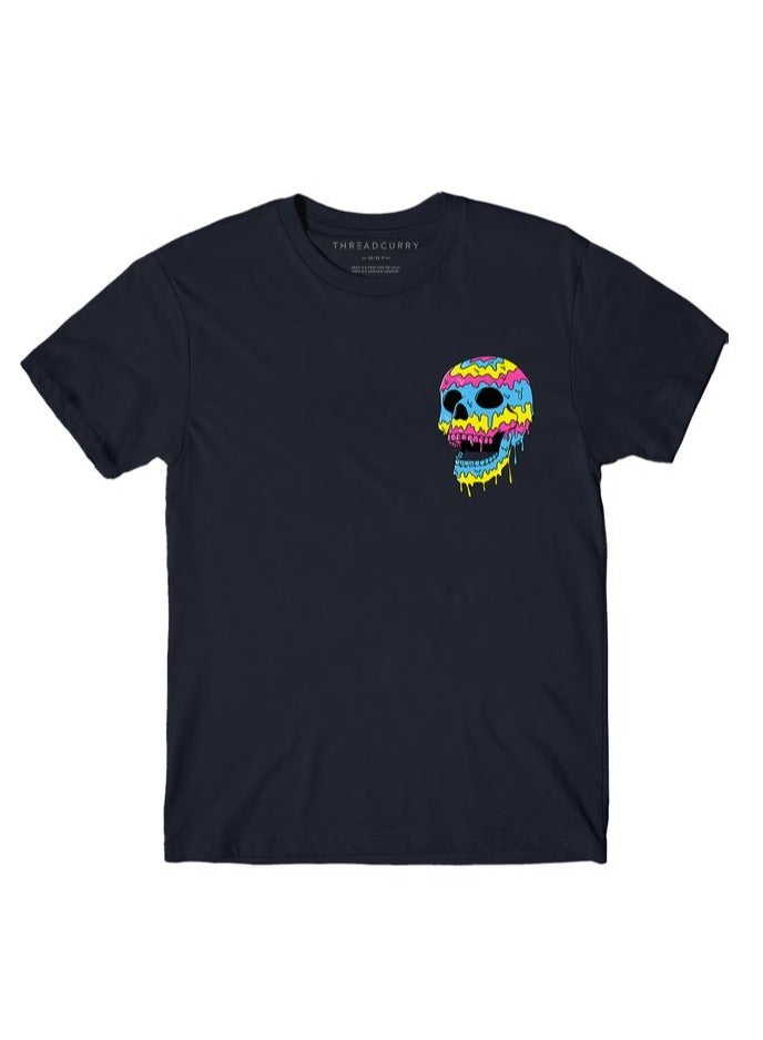THREADCURRY Happy Faces Skull Boys Navy Blue Printed Round Neck T-shirt