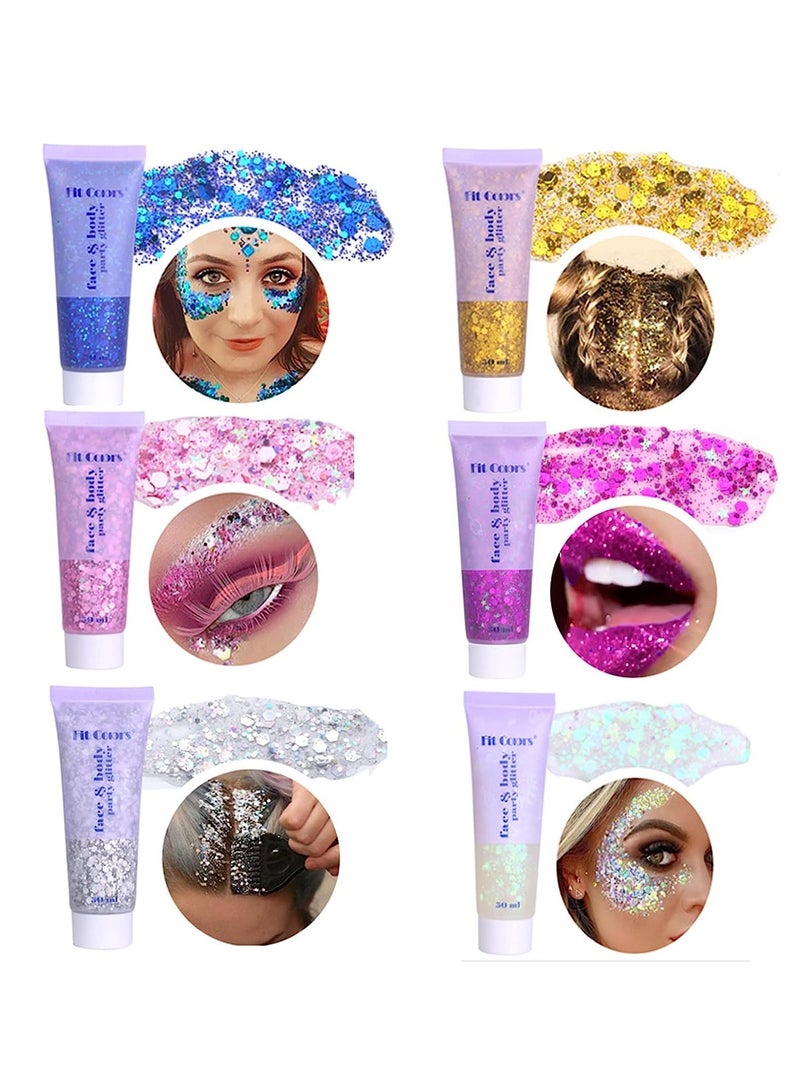 6pcs Body Glitter, Mermaid Sequins Liquid Holographic Glitter Gel, Chunky Glitter Face Eye Lip Hair Nail Festival Makeup, Sparkling Body for Women (White,Gold, Silver, Pink, Purple, Blue)