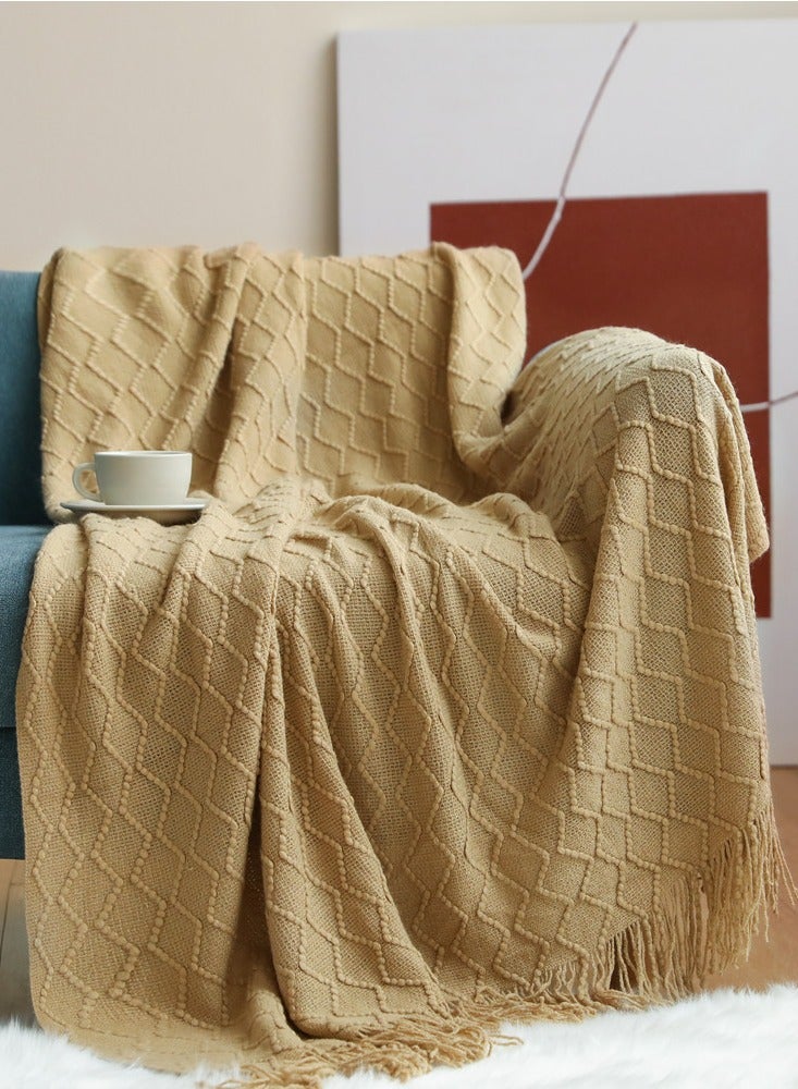 Solid Color Tassel Design Knitted Soft Throw Blanket Camel