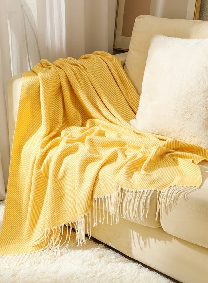 Stripes Tassel Design Knitted Soft Throw Blanket Yellow