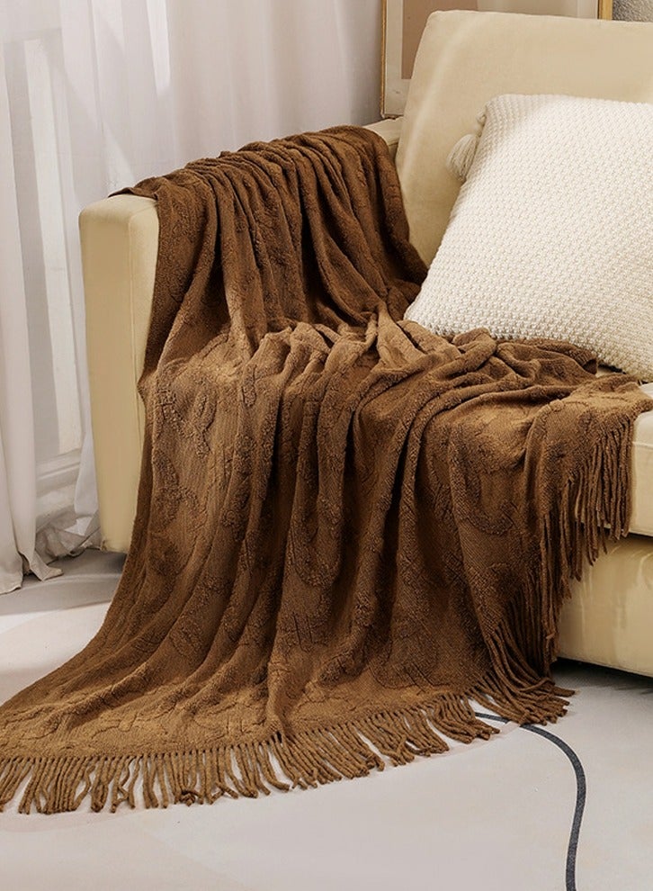 Solid Color Jacquard Weave Tassel Design Knitted Soft Throw Blanket Brown