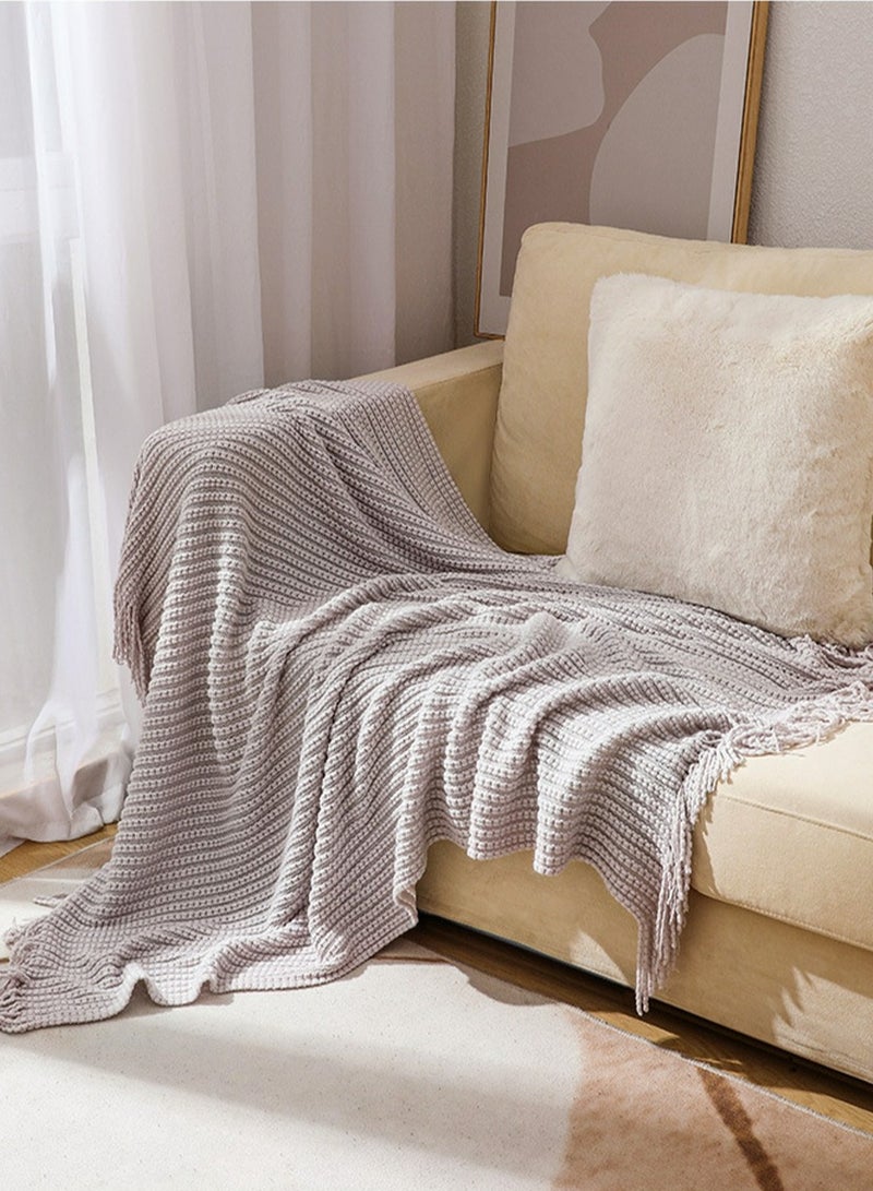 Solid Color Tassel Design Knitted Soft Throw Blanket Keep Warm Light Grey