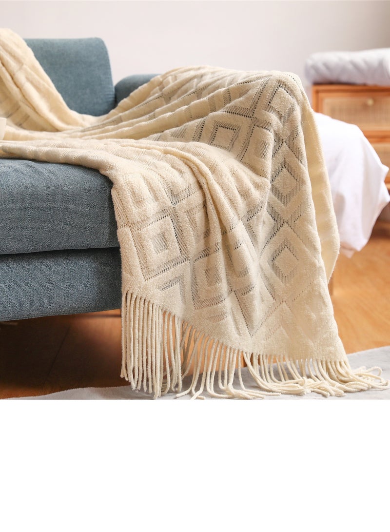 Solid Color Tassel Design Jacquard Weave Knitted Soft Throw Blanket Beige