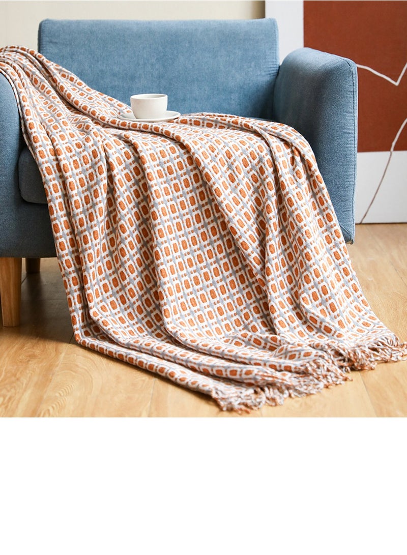Checked Pattern Tassel Design Knitted Soft Throw Blanket Caramel