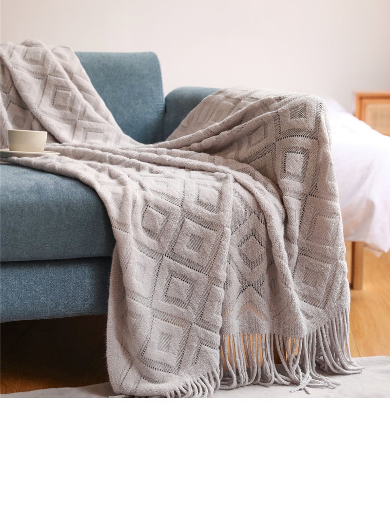 Solid Color Tassel Design Jacquard Weave Knitted Soft Throw Blanket Light Grey