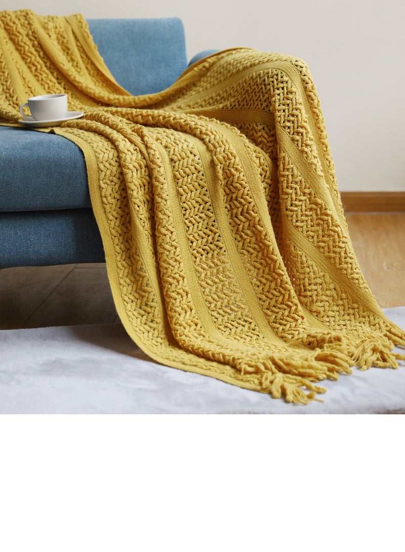 Solid Color Tassel Design Hollowed Knitted Soft Throw Blanket Yellow
