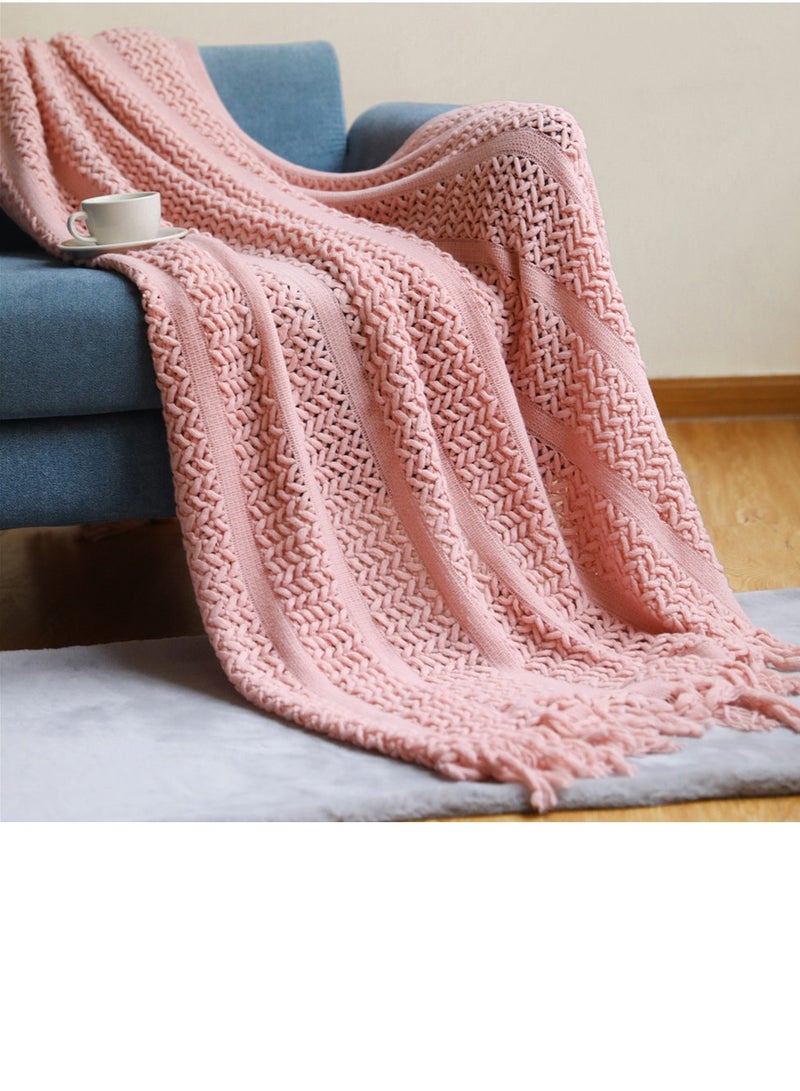 Solid Color Tassel Design Hollowed Knitted Soft Throw Blanket Pink