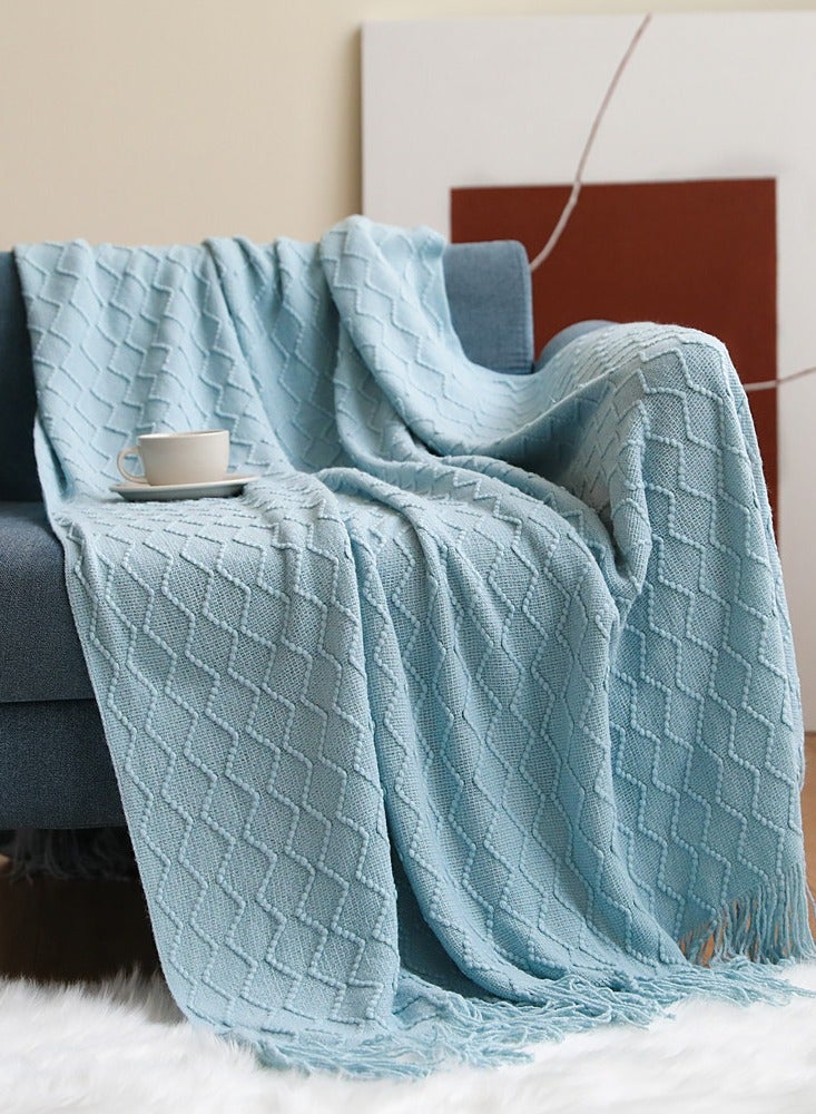 Solid Color Tassel Design Knitted Soft Throw Blanket Lake Blue