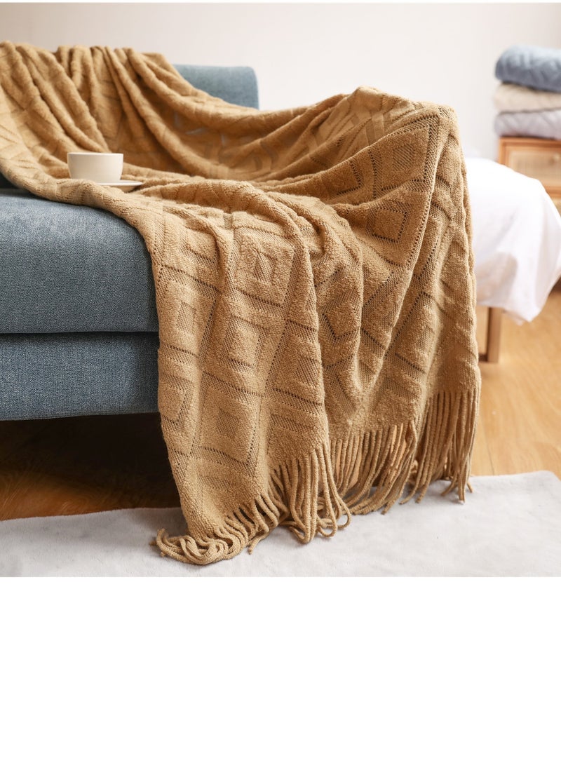 Solid Color Tassel Design Jacquard Weave Knitted Soft Throw Blanket Camel