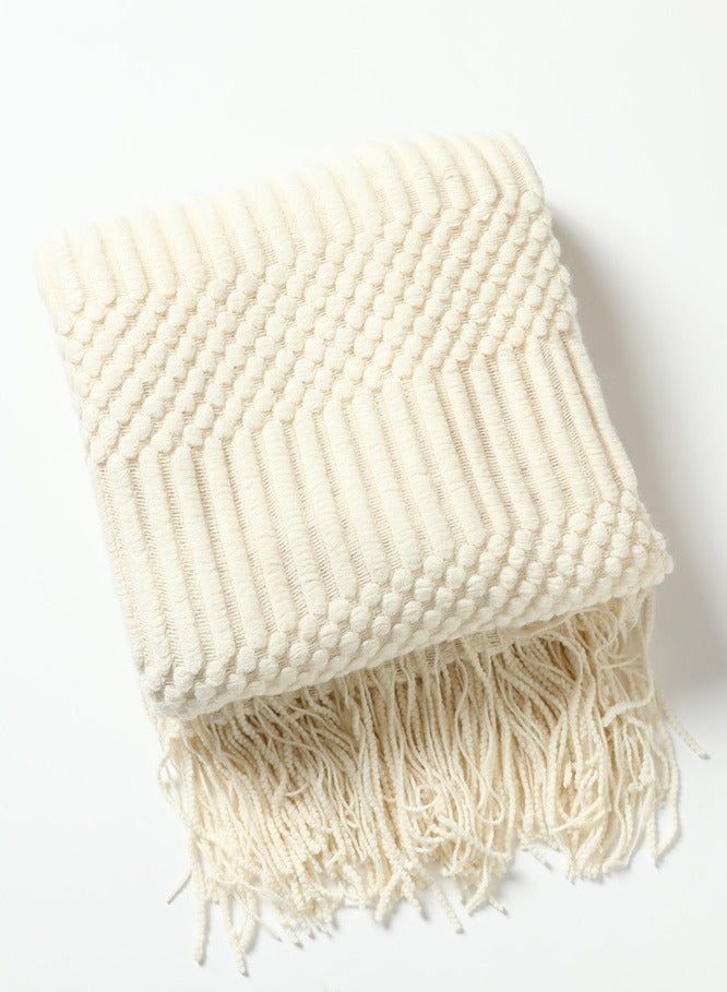 Tassel Design Textured Soft Throw Blanket Keep Warm Cream White