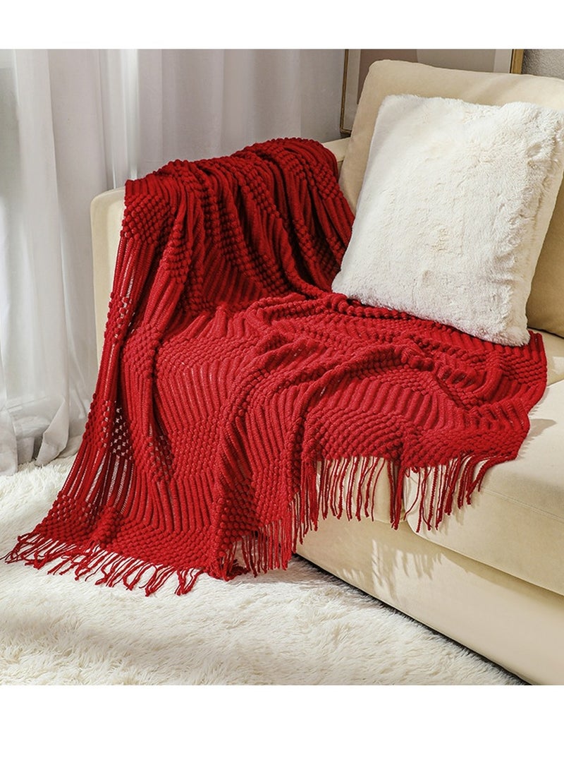 Tassel Design Textured Soft Throw Blanket Keep Warm Wine Red
