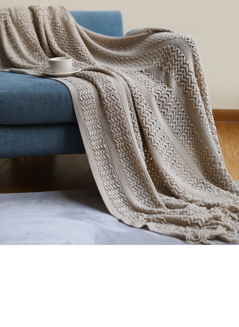 Solid Color Tassel Design Hollowed Knitted Soft Throw Blanket Khaki