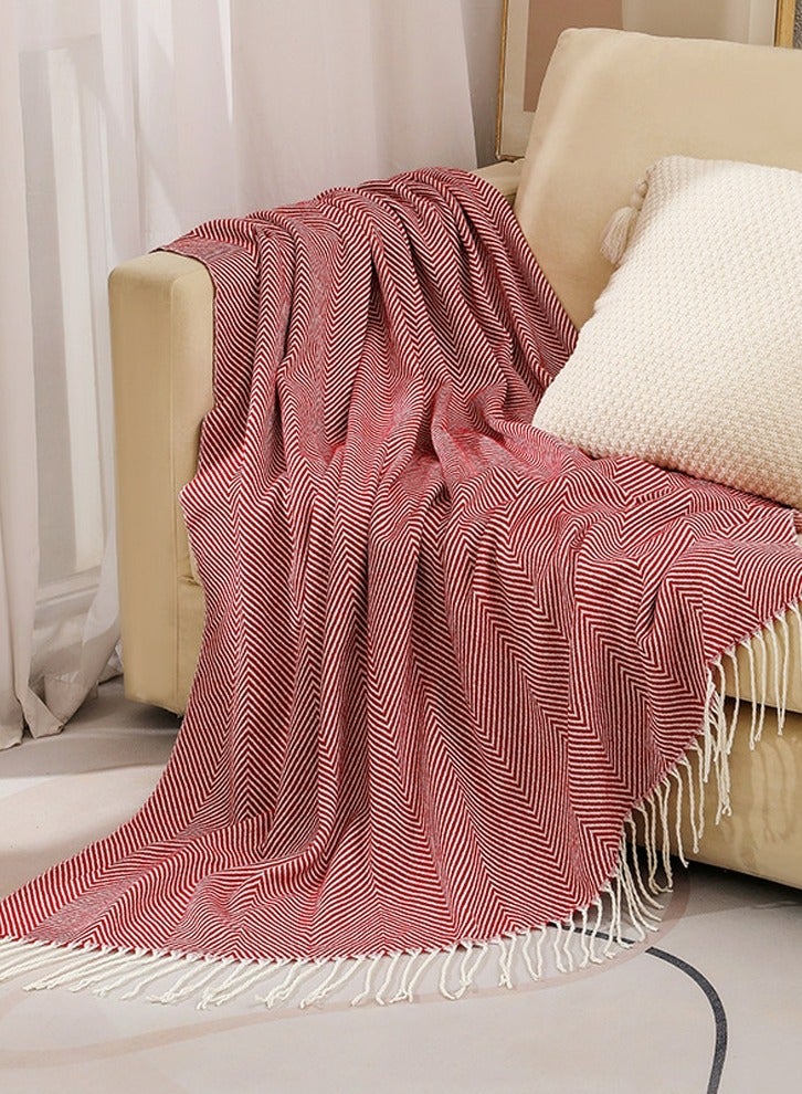 Stripes Tassel Design Knitted Soft Throw Blanket Wine Red
