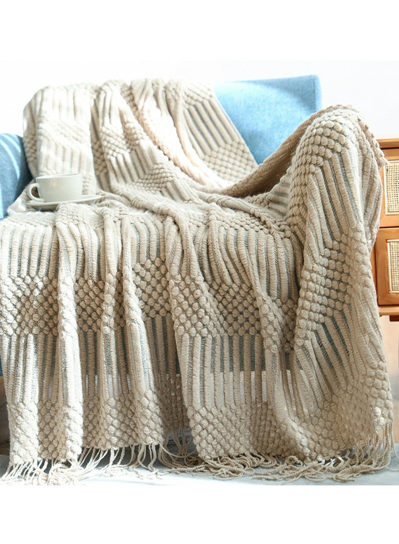 Tassel Design Textured Soft Throw Blanket Keep Warm Khaki