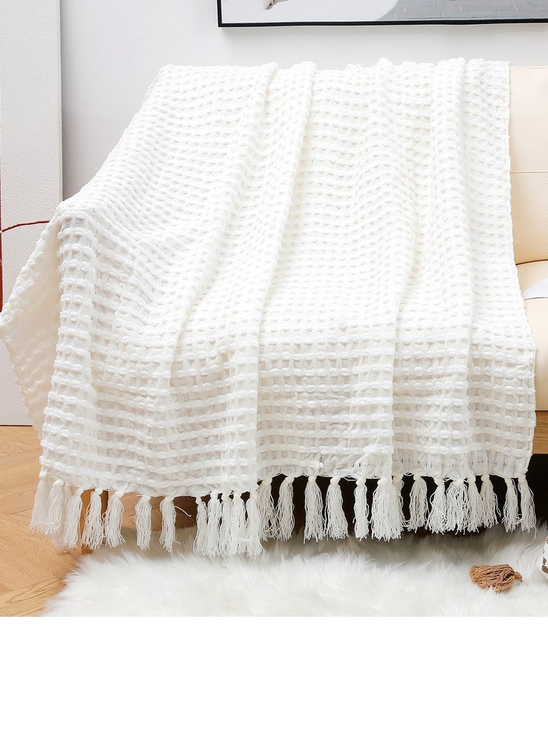 Tassel Design Knitted Jacquard Weave Soft Throw Blanket White