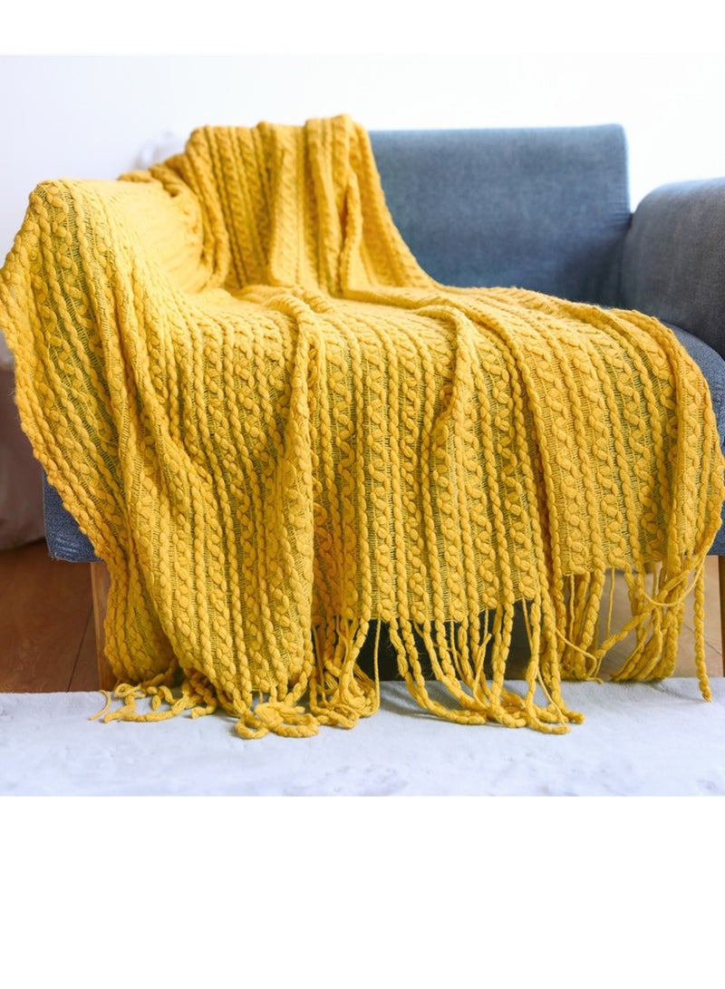Tassel Design Knitted Textured Soft Throw Blanket Light Yellow