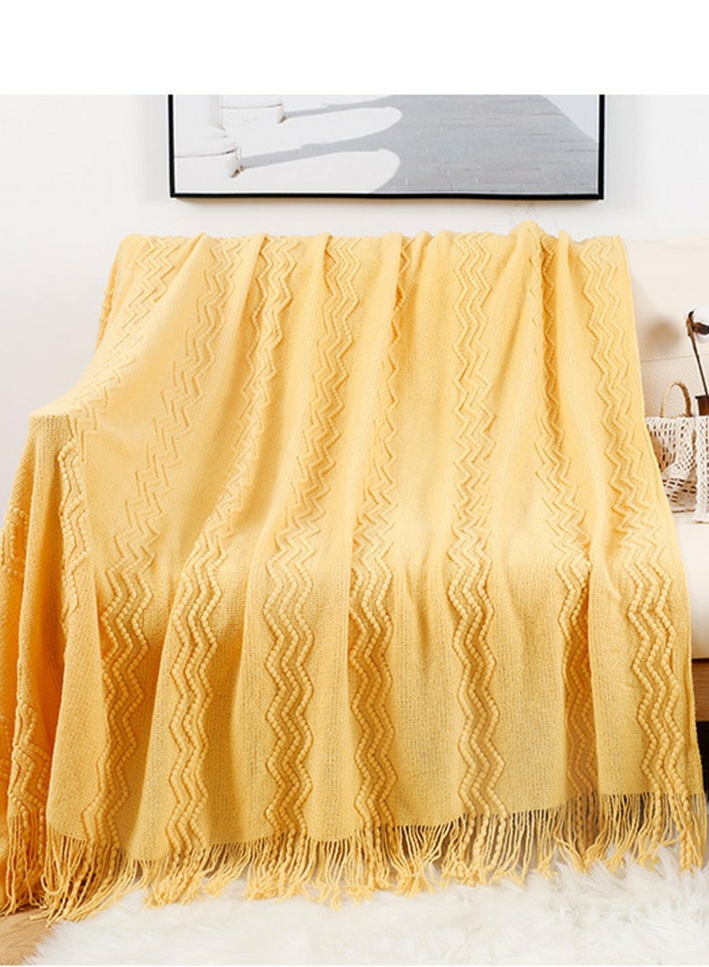 Solid Color Textured Tassel Design Knitted Soft Throw Blanket Yellow