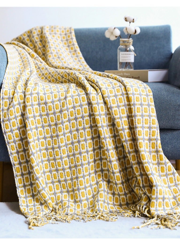 Checked Pattern Tassel Design Knitted Soft Throw Blanket Yellow