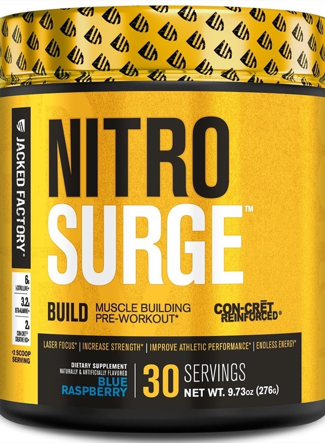 Nitrosurge Build Pre Workout with Creatine for Muscle Building - Con Cret Creatine Powder & elevATP for Intense Energy, Powerful Pump, & Endless Endurance - 30 Servings, Blue Raspberry