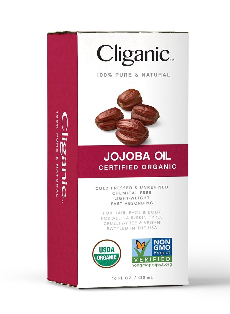 Cliganic USDA Organic Jojoba Oil 16oz with Pump, 100% Pure | Bulk, Moisturizing Oil for Face, Hair, Skin & Nails | Natural Cold Pressed Hexane Free