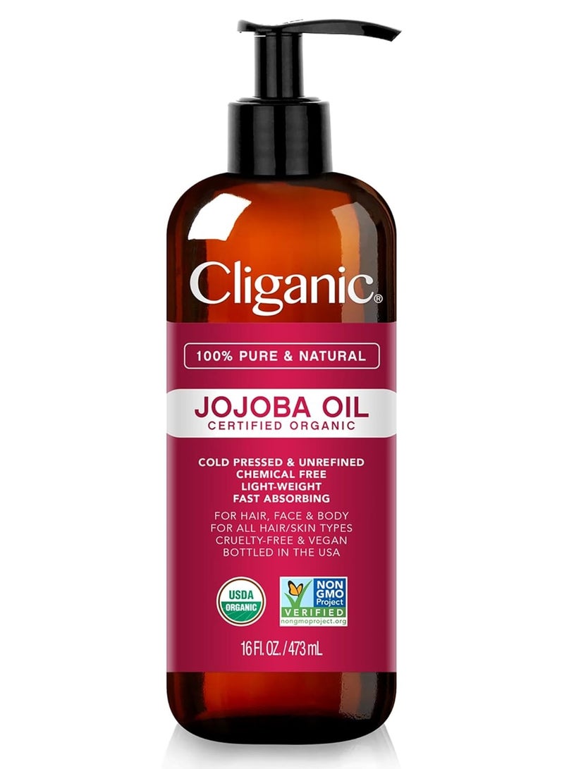 Cliganic USDA Organic Jojoba Oil 16oz with Pump, 100% Pure | Bulk, Moisturizing Oil for Face, Hair, Skin & Nails | Natural Cold Pressed Hexane Free