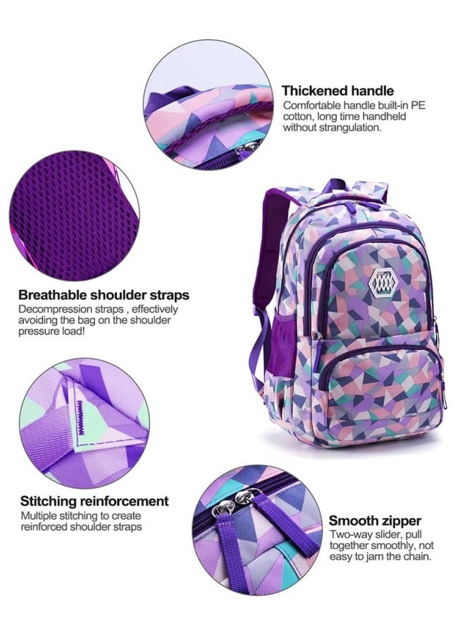 3Pcs School Bags,Children School Backpack,Geometric Print Backpack,School Bags for Teenagers,Large Capacity Backpack,Waterproof Backpacks,3 in 1 School Bag,Lunch Bag and Pencil Case (Purple)