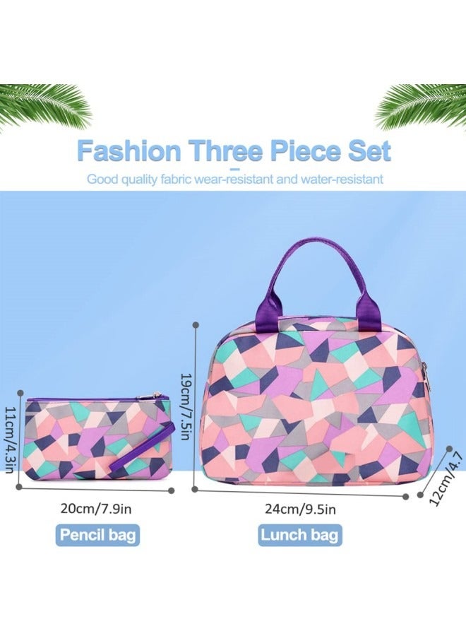 3Pcs School Bags,Children School Backpack,Geometric Print Backpack,School Bags for Teenagers,Large Capacity Backpack,Waterproof Backpacks,3 in 1 School Bag,Lunch Bag and Pencil Case (Purple)