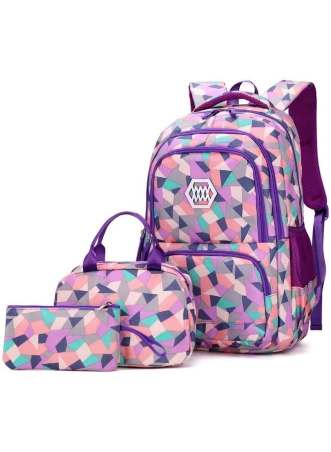 3Pcs School Bags,Children School Backpack,Geometric Print Backpack,School Bags for Teenagers,Large Capacity Backpack,Waterproof Backpacks,3 in 1 School Bag,Lunch Bag and Pencil Case (Purple)