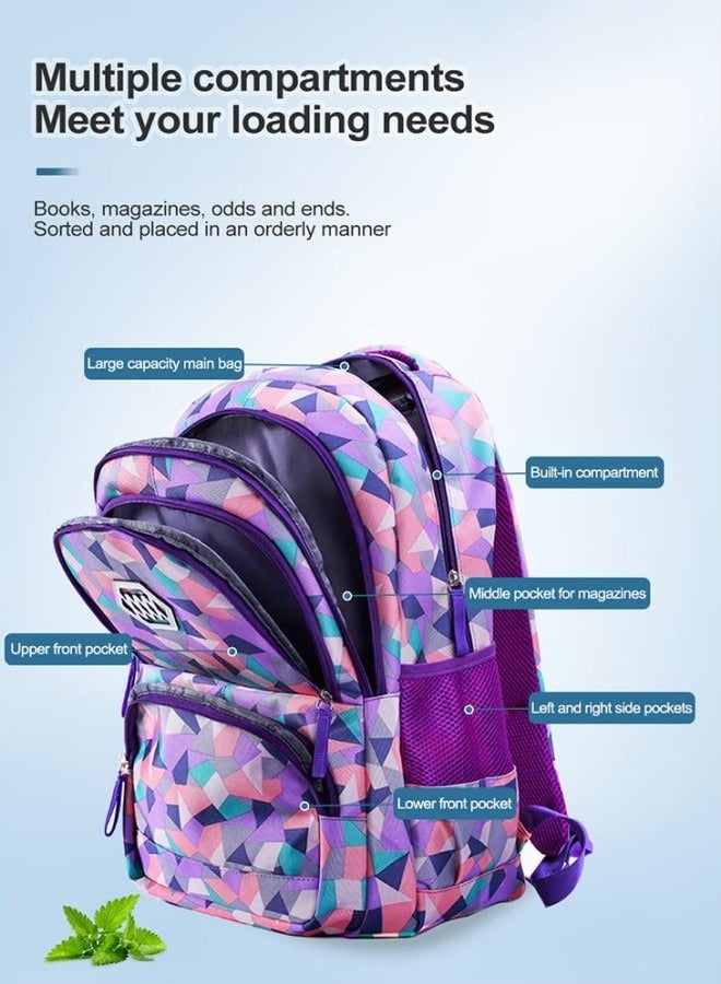 3Pcs School Bags,Children School Backpack,Geometric Print Backpack,School Bags for Teenagers,Large Capacity Backpack,Waterproof Backpacks,3 in 1 School Bag,Lunch Bag and Pencil Case (Purple)