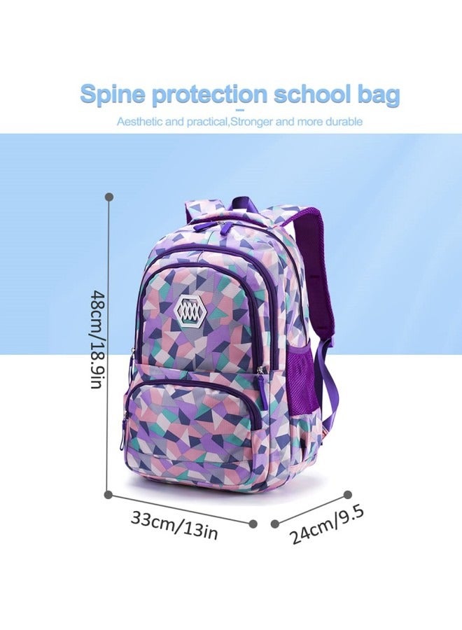 3Pcs School Bags,Children School Backpack,Geometric Print Backpack,School Bags for Teenagers,Large Capacity Backpack,Waterproof Backpacks,3 in 1 School Bag,Lunch Bag and Pencil Case (Purple)