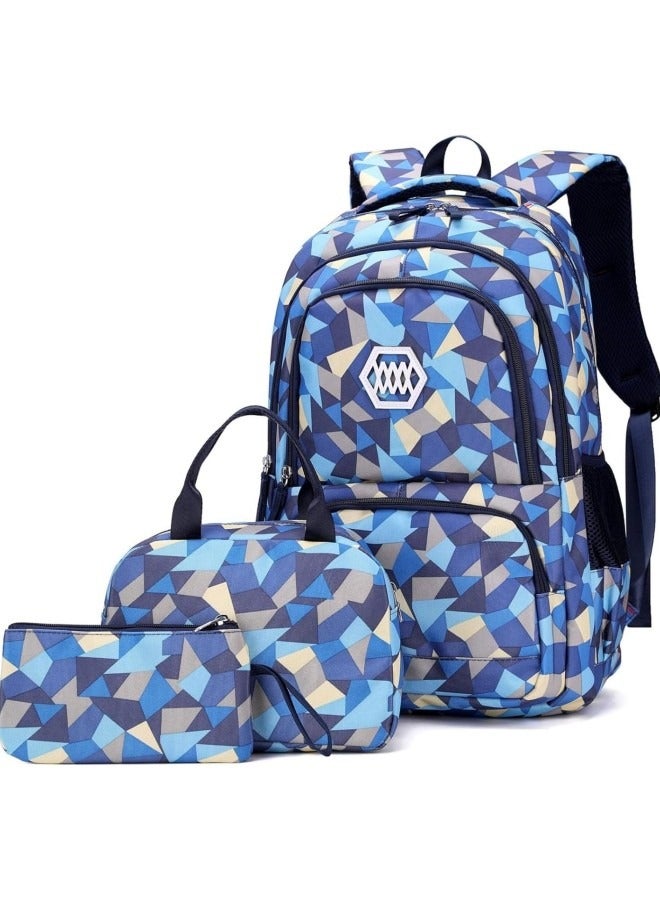 3Pcs School Bags,Children School Backpack,Geometric Print Backpack,School Bags for Teenagers,Large Capacity Backpack,Waterproof Backpacks,3 in 1 School Bag,Lunch Bag and Pencil Case (Blue)