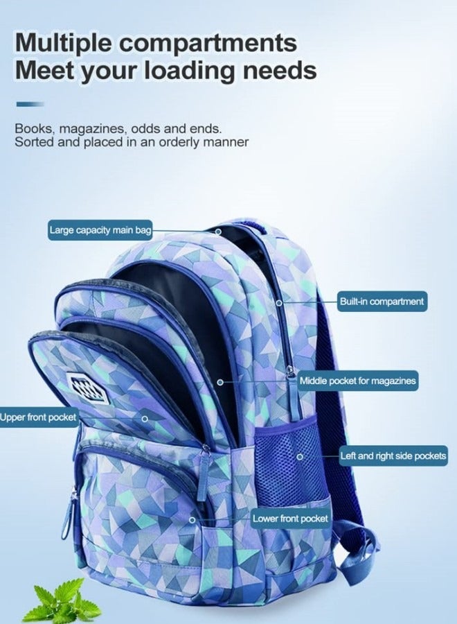 3Pcs School Bags,Children School Backpack,Geometric Print Backpack,School Bags for Teenagers,Large Capacity Backpack,Waterproof Backpacks,3 in 1 School Bag,Lunch Bag and Pencil Case (Blue)
