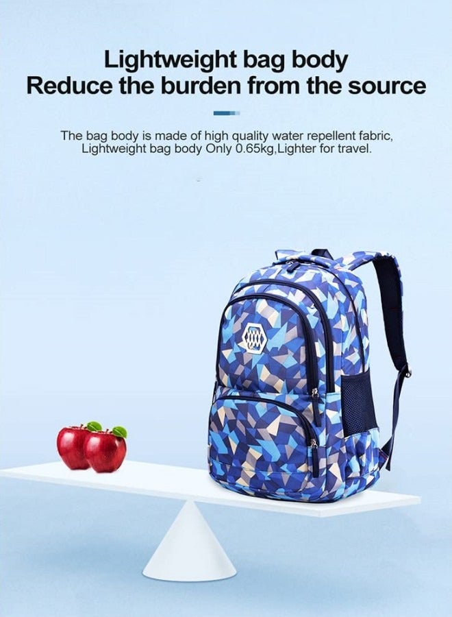 3Pcs School Bags,Children School Backpack,Geometric Print Backpack,School Bags for Teenagers,Large Capacity Backpack,Waterproof Backpacks,3 in 1 School Bag,Lunch Bag and Pencil Case (Blue)