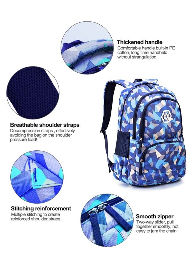 3Pcs School Bags,Children School Backpack,Geometric Print Backpack,School Bags for Teenagers,Large Capacity Backpack,Waterproof Backpacks,3 in 1 School Bag,Lunch Bag and Pencil Case (Blue)