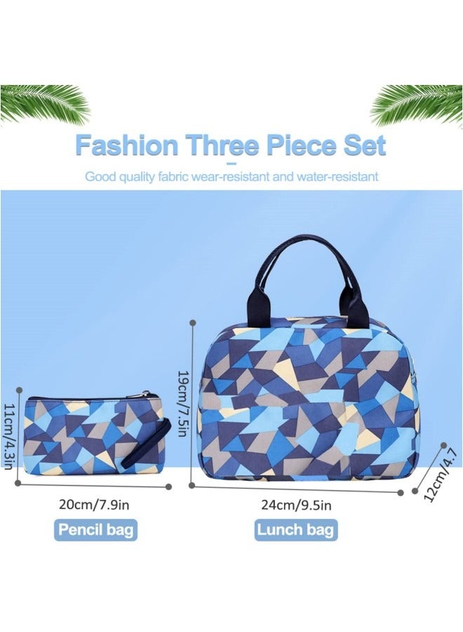 3Pcs School Bags,Children School Backpack,Geometric Print Backpack,School Bags for Teenagers,Large Capacity Backpack,Waterproof Backpacks,3 in 1 School Bag,Lunch Bag and Pencil Case (Blue)