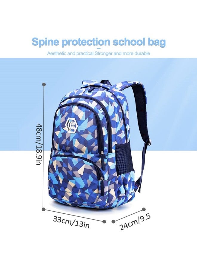 3Pcs School Bags,Children School Backpack,Geometric Print Backpack,School Bags for Teenagers,Large Capacity Backpack,Waterproof Backpacks,3 in 1 School Bag,Lunch Bag and Pencil Case (Blue)