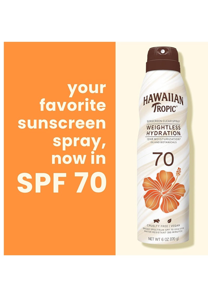 Hawaiian Tropic Weightless Hydration Clear Spray Sunscreen SPF 70, 6oz | Hawaiian Tropic Sunscreen SPF 70, Sunblock, Oxybenzone Free Sunscreen, Spray On Sunscreen, Body Sunscreen Spray, 6oz