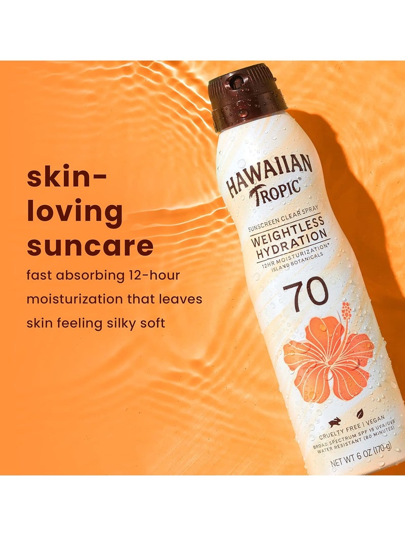 Hawaiian Tropic Weightless Hydration Clear Spray Sunscreen SPF 70, 6oz | Hawaiian Tropic Sunscreen SPF 70, Sunblock, Oxybenzone Free Sunscreen, Spray On Sunscreen, Body Sunscreen Spray, 6oz