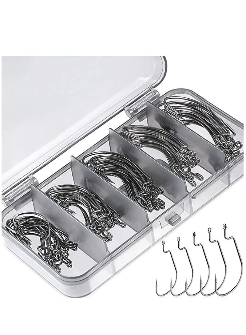 100 Pcs Fishing Hooks, High Carbon Steel Offset Worm Hooks with Plastic Box, Strong Sharp Soft Bait Jig Fish Hooks with Barbs for Bass Freshwater Saltwater