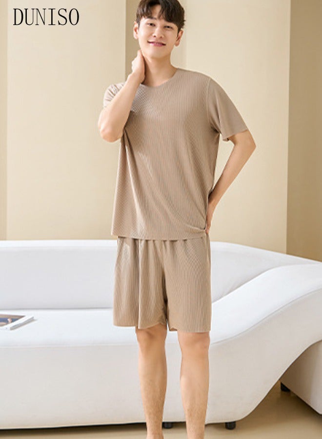 Men's 2pcs Pajama Set Short Sleeve Nightgown Sleepwear Breathable Loungewear Comfortable Round Neck Nightwear Summer Home Wear